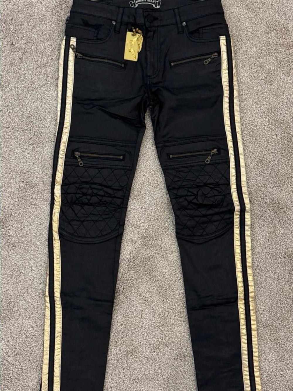 Robin's Jean Black Slim Skinny Moto Jeans with Gold Side Stripes